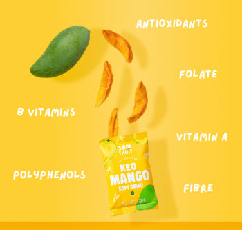 fresh mango and dried mango on yellow background - health benefits: antioxidants, folate, vitamin A, fibre, polyphenols, b vitamins