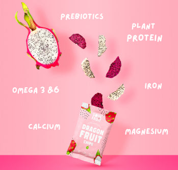 Fresh dragon fruit and dried dragon fruit on pink background - health benefits: prebiotics, plant protein, iron, magnesium, calcium, omega 3 & 6