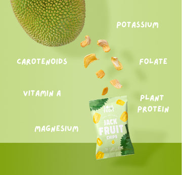 fresh jackfruit and dried jackfruit on green background - health benefits: potassium, folate, plant protein, magnesium, vitamin a, carotenoids